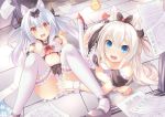  animal_ears ass azur_lane black_bow black_dress black_sailor_collar black_skirt blurry blurry_background bow breasts cat_ears cat_hair_ornament commentary_request covering_another's_crotch crop_top depth_of_field detached_sleeves dress dutch_angle frilled_legwear hair_bow hair_ornament hair_ribbon hammann_(azur_lane) hands_up long_hair midriff multiple_girls navel one_side_up panties paper pleated_skirt puffy_short_sleeves puffy_sleeves red_bow red_footwear red_ribbon ribbon sailor_collar school_uniform serafuku shoes short_sleeves silver_hair skirt small_breasts spread_legs strapless strapless_dress thighhighs tile_floor tiles trend_kill twintails underwear very_long_hair white_legwear white_panties wrist_cuffs yukikaze_(azur_lane) 