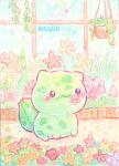  artist_name bisquii blush bulbasaur closed_mouth floral_background flower flower_in_mouth full_body lowres no_humans orange_flower painting_(medium) plant pokemon pokemon_(creature) potted_plant red_flower sitting smile solo traditional_media watercolor_(medium) window yellow_flower 