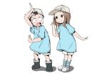  1girl alternate_costume bangs black_hair blue_shirt blush brown_eyes brown_hair commentary_request cosplay full_body hataraku_saibou highres karakai_jouzu_no_takagi-san l.eleven leaning_forward nishikata open_mouth parted_bangs platelet_(hataraku_saibou) platelet_(hataraku_saibou)_(cosplay) shirt shoes shorts smile socks standing surprised takagi-san trembling whistle wide-eyed 