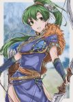  aiueo1234853 arrow bow_(weapon) cape commentary_request earrings fingerless_gloves fire_emblem fire_emblem:_rekka_no_ken fire_emblem_heroes fur_cape gloves green_eyes green_hair hair_ornament highres holding holding_bow_(weapon) holding_weapon jewelry long_hair lyndis_(fire_emblem) muneate open_mouth ponytail quiver short_sleeves side_slit solo weapon 