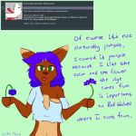  2018 anthro big_breasts breasts canine chest_tuft clothed clothing dialogue digital_media_(artwork) english_text eyebrows eyelashes female flower fully_clothed fur green_eyes hair hi_res holding_object kierra_holt long_hair looking_at_viewer mammal meta midriff multicolored_fur navel open_mouth plant purple_hair signature simple_background smile solo standing text tongue torn_clothing tuft wolf wolfie-pawz 