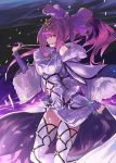  absurdres bangs breasts commentary_request dress fate/grand_order fate_(series) fur_trim hair_between_eyes hair_ribbon highres large_breasts long_hair looking_at_viewer ohland ponytail purple_dress purple_hair purple_legwear purple_ribbon red_eyes ribbon scathach_(fate)_(all) scathach_skadi_(fate/grand_order) solo thighs tiara wand wide_sleeves wind wind_lift 
