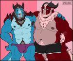  6pklion abs anthro armpit_hair belly belly_hair body_hair bulge chest_hair claws clothed clothing dragon fangs hi_res horn hug jasper male navel nipples penis_outline scalie sharp_teeth smile spikes teeth topless underwear 