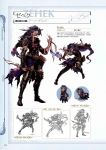  1boy armor armored_boots bandage bangs belt boots character_name dagger full_body granblue_fantasy hair_between_eyes highres holding holding_weapon lineart long_hair long_sleeves looking_at_viewer male_focus minaba_hideo multiple_views non-web_source official_art page_number purple_eyes purple_hair scan scarf simple_background standing translation_request weapon zehek 