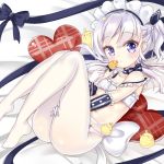  animal ass azur_lane bangs bare_shoulders bed_sheet belchan_(azur_lane) belfast_(azur_lane) bird blue_bow blue_ribbon blush bow braid breasts chick closed_mouth collarbone commentary_request elbow_gloves eyebrows_visible_through_hair gloves hair_between_eyes hair_ribbon hand_on_thigh head_tilt heart heart_pillow ju_(a793391187) long_hair looking_at_viewer lying maid_headdress navel no_pants no_shoes on_back one_side_up panties panties_under_pantyhose pantyhose pillow purple_eyes ribbon silver_hair small_breasts solo strap_slip striped striped_bow underwear white_gloves white_legwear white_panties 