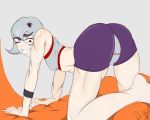  1girl abs all_fours bike_shorts color divale eyebrows female hair_ornament hairpin looking_back megatron muscle smile sports_bra transformers 