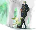  armor black_armor blonde_hair book capelet closed_mouth commentary_request dated fire_emblem fire_emblem_if gen_4_pokemon greaves hairband holding holding_book leafeon leon_(fire_emblem_if) pokemon pokemon_(creature) robaco short_hair smile standing twitter_username 