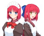  absurdres apron blue_eyes bow commentary_request hair_bow harukon_(halcon) highres hisui japanese_clothes kimono kohaku long_sleeves maid maid_headdress multiple_girls open_mouth red_hair short_hair smile translation_request tsukihime upper_body wa_maid white_background yellow_eyes 