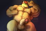  2017 balls belly_hair body_hair bowser chest_hair claws collaboration eyes_closed hair hi_res horn humanoid_penis koopa male mario_bros mentone muscular navel nintendo nipples penis precum red_hair scalie solo stickyfeathers vein veiny_penis video_games 