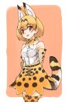  absurdres animal_ears bare_shoulders belt blonde_hair bow bowtie commentary cowboy_shot elbow_gloves eyebrows_visible_through_hair gloves high-waist_skirt highres holding_arm kemono_friends multicolored_hair omnisucker serval_(kemono_friends) serval_ears serval_tail short_hair skirt sleeveless solo tail thighhighs zettai_ryouiki 