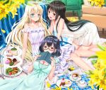  :d all_fours armchair asobi_asobase bangs bare_arms bare_shoulders black_hair blonde_hair blue_eyes blue_hairband blurry blurry_foreground blush book breasts brown_eyes chair cleavage closed_mouth collarbone commentary_request cup cupcake depth_of_field dress eyebrows_visible_through_hair fingernails flower food hair_between_eyes hairband hands_up holding holding_book honda_hanako indoors long_hair lying medium_breasts multiple_girls nomura_kasumi off-shoulder_dress off_shoulder olivia_(asobi_asobase) on_back open_book open_mouth petals plaid purple_dress round_teeth saucer short_hair sidelocks sitting sleeveless sleeveless_dress small_breasts smile swordsouls tea teacup teapot teeth tiered_tray upper_teeth very_long_hair white_dress wooden_floor yellow_flower 