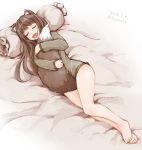  animal_ears barefoot bed_sheet between_legs bottomless brown_hair closed_eyes commentary dated eyebrows_visible_through_hair fang holo hug kazaguruma long_hair long_sleeves lying on_side open_mouth pillow signature sleeping solo spice_and_wolf tail tail_between_legs tail_hug twitter_username wolf_ears wolf_tail 