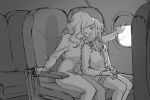  airplane_interior alternate_costume arm_pillow commentary covered_eyes diana_cavendish english_commentary greyscale head_on_another's_shoulder kagari_atsuko leaning_on_person leaning_to_the_side little_witch_academia long_hair monochrome multiple_girls outstretched_arm side-by-side sidelocks sitting sketch sleeping sleeping_on_person sleeping_upright teires_(teir3s) window yuri 