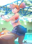  angelxart blue_eyes butt butt_pose clothing crop_top denim_shorts derp_eyes detailed_background duo ear_piercing female fur hair human mammal midriff misty_(pok&eacute;mon) nintendo orange_hair outside piercing pok&eacute;mon pok&eacute;mon_(species) psyduck shirt shorts side_ponytail staryu swimming_pool video_games yellow_fur 