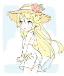  :o backless_dress backless_outfit bangs bare_arms bare_shoulders blonde_hair blue_eyes blue_sky blush charlotta_fenia cloud commentary_request day dress eyebrows_visible_through_hair flower granblue_fantasy hair_between_eyes harvin hat hat_flower long_hair looking_at_viewer looking_to_the_side meito_(maze) parted_lips pointy_ears red_flower ribbon see-through_silhouette sky sleeveless sleeveless_dress solo standing straw_hat very_long_hair white_dress wrist_ribbon yellow_ribbon 