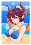  ;) ahoge bangs bare_arms bare_shoulders beach bikini blue_bikini blue_sky blush border breasts brown_horns closed_mouth cloud cloudy_sky collarbone commentary day dragon_girl dragon_horns dragon_wings english_commentary granblue_fantasy grea_(shingeki_no_bahamut) half-closed_eye hand_up highres horns looking_at_viewer md5_mismatch medium_breasts ocean one_eye_closed orange_eyes orange_wings outdoors parted_bangs pointy_ears purple_hair self_upload shingeki_no_bahamut short_hair sky smile solo stryx summer swimsuit upper_body v very_short_hair white_border wings 
