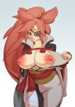 1girl areolae baiken breasts breasts_outside erect_nipples guilty_gear guilty_gear_xrd huge_nipples jacqli_(artist) large_areolae large_breasts long_hair parted_lips puffy_nipples red_eyes red_hair scar solo very_long_hair 