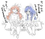  amou_kanade blue_hair breasts cleavage commentary_request hanakuso kazanari_tsubasa long_hair multiple_girls open_mouth red_hair senki_zesshou_symphogear side_ponytail 