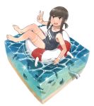  afloat barefoot black_hair black_swimsuit character_name collarbone commentary_request enemy_lifebuoy_(kantai_collection) eyebrows_visible_through_hair faux_figurine fish flat_chest fubuki_(kantai_collection) green_eyes kantai_collection karasu_(naoshow357) looking_at_viewer low_ponytail name_tag one-piece_swimsuit open_mouth ponytail school_swimsuit short_ponytail sidelocks simple_background solo swimsuit tan tanline tentacles v water white_background 