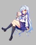  black_legwear blue_hair blue_skirt brown_eyes commentary crossed_legs fan folding_fan hair_ornament hairband hairclip highres kneehighs long_hair original poseich school_uniform serafuku shirt shoes sitting skirt solo unleashed very_long_hair white_shirt 