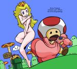  2boys arched_soles bangs barefoot blonde_hair blue_eyes blue_sky bowser breasts clenched_teeth clothes_theft cloud comic covering covering_breasts covering_crotch crown day dress dress_removed dutch_angle embarrassed english fangs flat_color ian_samson legs long_hair mario_(series) multiple_boys nude open_mouth outdoors pink_dress princess princess_peach running signature sky solid_oval_eyes source_request super_mario_bros. teeth theft toad warp_pipe 