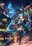  black_footwear black_skirt blue_eyes blue_hair blush boots chong_feigiap closed_mouth confetti flower hatsune_miku highres knee_boots long_hair looking_at_viewer malaysia night outdoors petronas_twin_towers scenery skirt sky smile solo stairs star_(sky) twintails very_long_hair vocaloid 