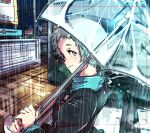  1girl aqua_eyes aqua_hair blush closed_mouth commentary_request gekkoukan_high_school_uniform green_sweater holding holding_umbrella kuga_hotaru long_sleeves looking_at_viewer night night_sky outdoors persona persona_3 rain school_uniform short_sleeves sky smile solo sweater transparent transparent_umbrella turtleneck turtleneck_sweater umbrella uniform upper_body yamagishi_fuuka 