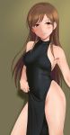  bangs bare_shoulders black_dress blush breasts brown_eyes brown_hair closed_mouth commentary_request covered_nipples dress groin highres hips idolmaster idolmaster_cinderella_girls long_hair looking_at_viewer medium_breasts nitta_minami pelvic_curtain side_slit simple_background smile solo swept_bangs taka_(takahirokun) thighs 