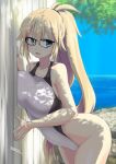  against_wall artist_name ass bare_shoulders blonde_hair blue_eyes breast_press breasts commentary competition_swimsuit cowboy_shot day fate/grand_order fate_(series) glasses hands_on_wall highres hips jeanne_d'arc_(fate)_(all) jeanne_d'arc_(swimsuit_archer) large_breasts leaning leaning_to_the_side long_hair ocean one-piece_swimsuit ponytail shade shadow solo swimsuit thighs tokihama_jirou tree tree_shade wall white_swimsuit wooden_wall 