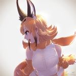  :d bare_shoulders black_hair blue_eyes bow bowtie caracal_(kemono_friends) caracal_ears caracal_tail clenched_hands commentary_request elbow_gloves extra_ears eyebrows_visible_through_hair gloves kemono_friends multicolored_hair open_mouth orange_hair orange_neckwear profile shirt short_hair sidelocks signature sleeveless sleeveless_shirt smile solo takami_masahiro twitter_username upper_body watermark web_address white_hair white_shirt 