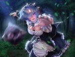 absurdres aiming_at_viewer apron ball_and_chain black_ribbon blazingpumpkin blue_eyes blue_hair breasts chain cleavage commentary english_commentary fighting_stance forest frilled_sleeves frills hair_ornament hair_over_one_eye highres holding holding_weapon large_breasts lips looking_at_viewer maid maid_headdress motion_blur nature night pink_ribbon re:zero_kara_hajimeru_isekai_seikatsu reaching_out rem_(re:zero) ribbon ribbon_trim serious short_hair solo waist_apron weapon work_in_progress x_hair_ornament 