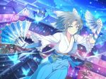 architecture blue blue_eyes bow breasts bug building butterfly cowboy_shot east_asian_architecture fan gauntlets gloves grey_hair hair_bow holding holding_fan insect japanese_clothes kimono large_breasts looking_at_viewer night night_sky official_art outdoors senran_kagura senran_kagura_new_link short_hair sky smile solo standing white_bow white_gloves yaegashi_nan yumi_(senran_kagura) 
