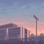  bush dome fence gradient_sky kldpxl lamppost no_humans pastel_colors pixel_art purple_sky scenery sky twilight windows 