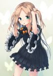  :o abigail_williams_(fate/grand_order) arms_up bangs black_bow black_dress blush bow bug bunching_hair butterfly commentary_request dress eyebrows_visible_through_hair fate/grand_order fate_(series) fingernails forehead green_eyes head_tilt highres insect light_brown_hair long_hair long_sleeves looking_at_viewer mamemochi no_hat no_headwear object_hug orange_bow parted_bangs parted_lips polka_dot polka_dot_bow solo stuffed_animal stuffed_toy teddy_bear two_side_up very_long_hair wide_sleeves 
