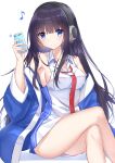  1girl ass azur_lane bangs bare_shoulders blue_eyes blue_jacket breasts brown_hair cellphone cleavage closed_mouth collarbone collared_dress commentary_request dress eighth_note eyebrows_visible_through_hair hair_between_eyes headphones highres holding holding_cellphone holding_phone jacket legs_crossed long_hair long_island_(azur_lane) medium_breasts musical_note open_clothes open_jacket phone red_neckwear sleeveless sleeveless_dress smile solo takeg05 very_long_hair white_background white_dress 