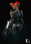  ass battle_rifle black_background black_bodysuit bodysuit ember_(warframe) ember_prime_(warframe) feet_out_of_frame fire from_behind gun helmet highres holding holding_gun holding_weapon kevin_glint neon_trim pinup rifle solo warframe weapon 