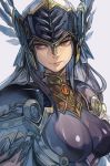  black_hair expressionless feathers grey_background hankuri helmet hrist_valkyrie long_hair looking_to_the_side red_eyes shoulder_pads solo valkyrie_profile 