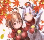  amaoto_kaeru autumn autumn_leaves bird_tail black_hair blush brown_hair commentary_request eating eurasian_eagle_owl_(kemono_friends) fang food food_on_face fur_trim hand_on_own_head head_wings kemono_friends leaf looking_up maple_leaf mittens multicolored_hair multiple_girls northern_white-faced_owl_(kemono_friends) open_mouth potato scarf shared_scarf sweet_potato two-tone_hair white_hair yakiimo 
