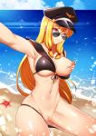  blonde_hair breasts day daydream_(zhdkffk21) dungeon_and_fighter fat_mons female_gunner_(dungeon_and_fighter) highres large_breasts nipples ocean pussy reaching_out red_eyes self_shot starfish stomach sunglasses swimsuit uniform 