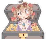  1girl brown_eyes brown_hair coin crown drill_hair earrings eyebrows_visible_through_hair eyewear_on_head gem gold_bar hair_ribbon hat jewelry keikou_ryuudou looking_at_viewer necklace purple_coat ribbon touhou treasure_chest white_background yorigami_jo&#039;on 