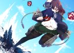  blue_jacket brown_hair chain explosion gradient_hair green_skirt gun hair_between_eyes highres jacket kantai_collection loafers multicolored_hair mutsuki_(kantai_collection) pantyhose pleated_skirt red_eyes red_neckwear remodel_(kantai_collection) rigging sailor_collar school_uniform serafuku shirt shoes short_hair skirt solo tanaka_io_(craftstudio) thigh_strap torpedo_launcher turret weapon white_shirt 