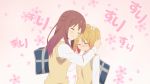 2girls blush couple embarrassed hair_ornament hairclip happy hug multiple_girls pigtails sakura_trick screencap smile sonoda_yuu takayama_haruka yuri 