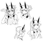  ? adjusting_eyewear asymmetrical_hair bare_shoulders bespectacled character_request cloud_kingdom collage detached_sleeves expressions food food_on_face glasses greyscale hair_bun horn_ribbon horns long_hair monochrome original pas_(paxiti) ribbon solo spoon 