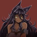  animal_ear_fluff animal_ears bare_shoulders black_hair breasts character_request cleavage closed_mouth cloud_kingdom fox_ears large_breasts long_hair looking_at_viewer original pas_(paxiti) red_background shade simple_background slit_pupils solo upper_body yellow_eyes 