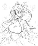  breasts bug butterfly butterfly_eyepatch character_request cleavage cloud_kingdom dress eyepatch greyscale highres insect large_breasts long_hair monochrome original pas_(paxiti) sketch solo tears 