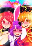  :3 :d animal_ears bangs black_hat breasts bunny_ears chain cleavage closed_mouth clownpiece crescent eyebrows_visible_through_hair fire furrowed_eyebrows gold_chain hair_between_eyes hakkasame hat hecatia_lapislazuli jester_cap junko_(touhou) large_breasts multiple_girls open_mouth orange_eyes orange_hair polka_dot polka_dot_hat polos_crown purple_hair red_eyes red_hair reisen_udongein_inaba shirt smile tabard torch touhou white_shirt 