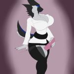  angrypotato96 anthro balls big_breasts breasts clothed clothing dickgirl erection intersex legwear sergal solo stockings voluptuous wide_hips 