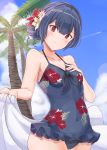  bare_arms bare_shoulders black_hair black_swimsuit blue_sky blush breasts casual_one-piece_swimsuit closed_mouth cloud commentary covered_navel day fingernails floral_print flower hair_flower hair_ornament hand_on_own_chest hand_up head_tilt holding idolmaster idolmaster_shiny_colors morino_rinze one-piece_swimsuit outdoors palm_tree pink_flower print_swimsuit red_eyes red_flower sky small_breasts smile solo sumice swimsuit tree white_flower 