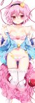  absurdres ahoge ass_visible_through_thighs bangs bare_shoulders black_hairband blue_shirt blush bow bow_bra bow_panties bra breasts collarbone commentary_request eyebrows_visible_through_hair feet_out_of_frame floral_print frilled_bra frilled_legwear frilled_panties frills groin hair_between_eyes hair_ornament hairband heart heart_hair_ornament highres komeiji_satori long_sleeves looking_at_viewer maturiuta_sorato medium_breasts nail_polish navel no_shoes off_shoulder panties parted_lips pink_bow pink_bra pink_eyes pink_hair pink_nails pink_panties pink_skirt polka_dot polka_dot_bra red_eyes shiny shiny_skin shirt short_hair side-tie_panties simple_background skirt skirt_pull solo stomach strap_pull thighhighs thighs third_eye touhou underwear untied untied_panties white_background white_legwear wide_sleeves 