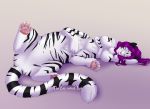  2018 anthro breasts catnamedfish chest_tuft digital_media_(artwork) eyes_closed featureless_breasts featureless_crotch feline female hair lying mammal nude on_side paws purple_hair simple_background sleeping solo taur tiger tuft white_tiger 